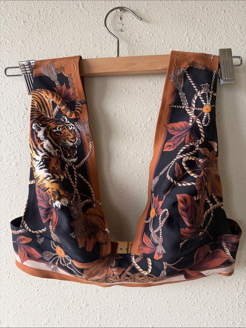 LIVY Tiger Print Silk Scarf Top in Black and Burnt Orange bikini